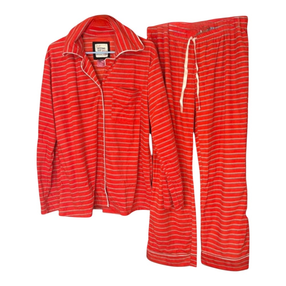 Bottoms Out Gal Pajama Set Womens Large Red Striped Micro Fleece Cozy Loungewear